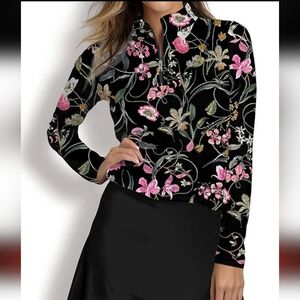 Black Botanical Print Long Sleeve Quarter Zip Golf Shirt SPF 50+
